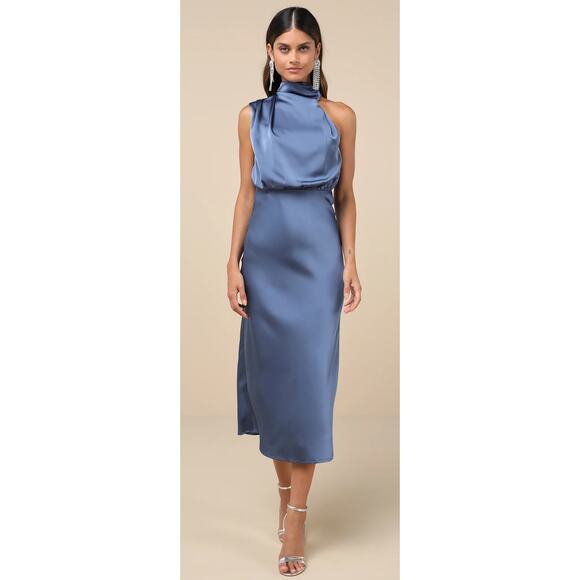New Distinctive Charm Slate Blue Satin Asymmetrical Midi Dress small - Picture 1 of 3